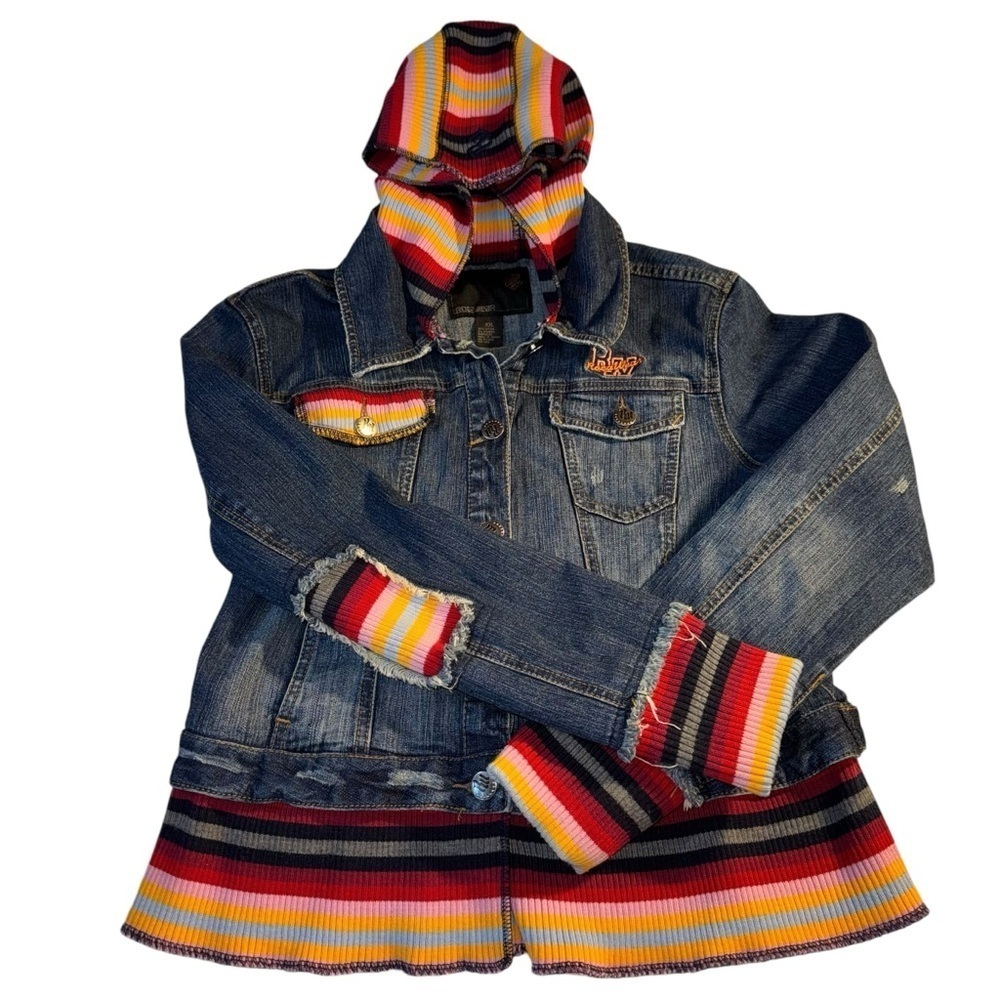 Roca Wear Jr Girls XXL Blue Denim Jean Jacket W/ Hood Knit Multi-Colored Accents